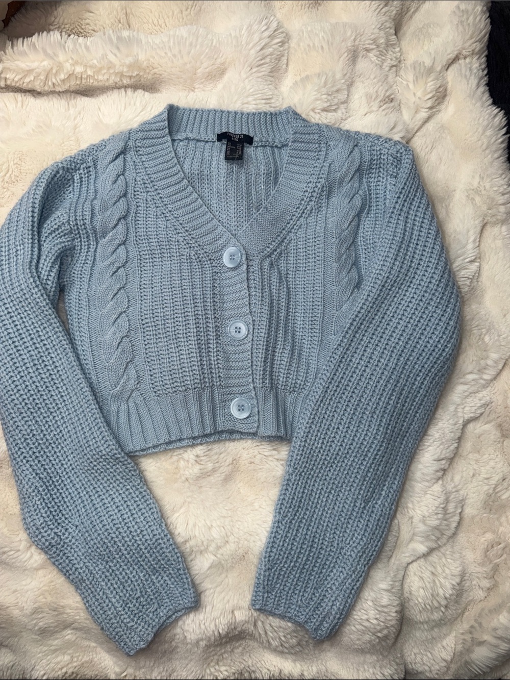 Forever 21 Light Blue Cropped Cable Knit Button Cardigan